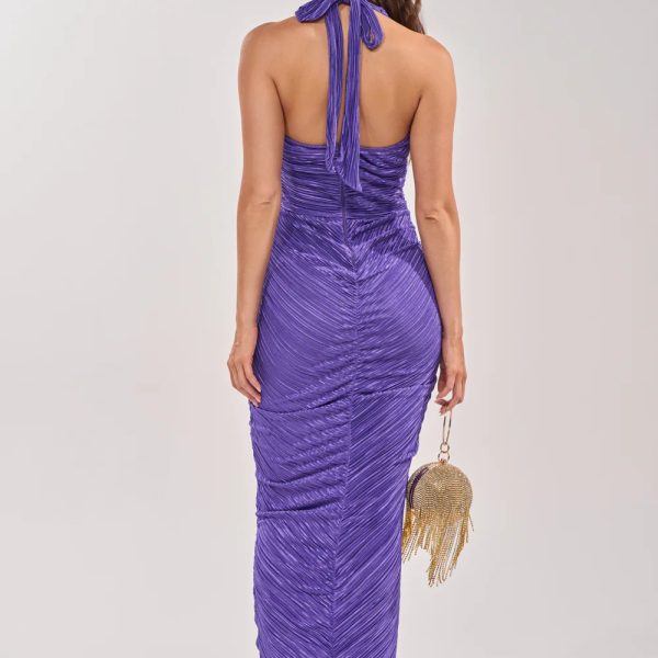 Women’s Purple Ruched Halter Neck Maxi Dress Elegant Slim Fit Evening Dress (2)