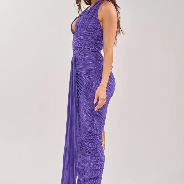 Women’s Purple Ruched Halter Neck Maxi Dress Elegant Slim Fit Evening Dress (4)